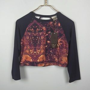 Patterned Crop Rash Guard Top in Black and Burnt Orange